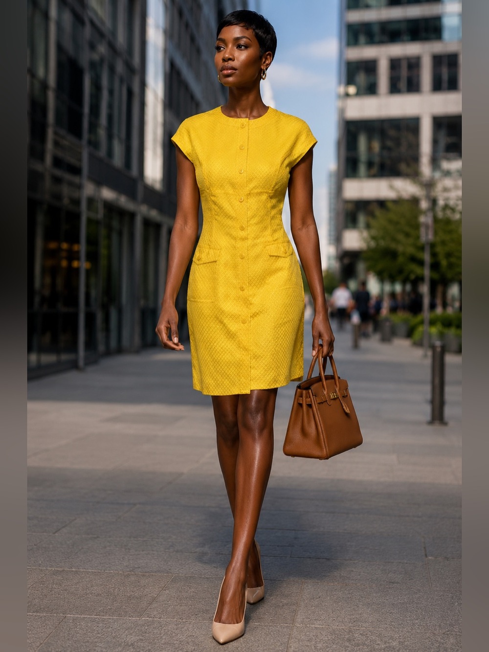 VTG Pat Argenti Silk Dress Yellow Diamond Button Front Sheath 80s 90s